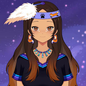 A virtual animated character of a Indigenous person with a headband and feather.